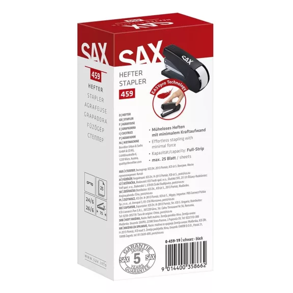 Tűzőgép SAX 459 M+ Easypro 25 lap 24/6-26/6 fekete Tűzőgép SAX 459 M+ Easypro 25 lap 24/6-26/6 fekete