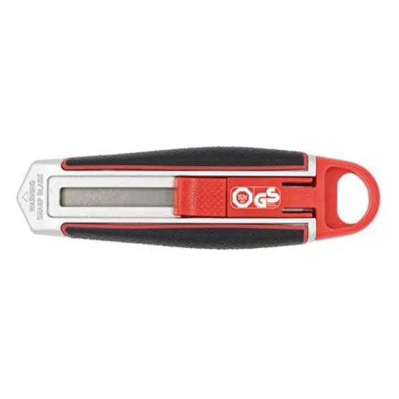 Univerzális vágókés WEDO 18 mm biztonsági 13,6 cm fém test gumi fogórész fém sínnel piros rövid pengével