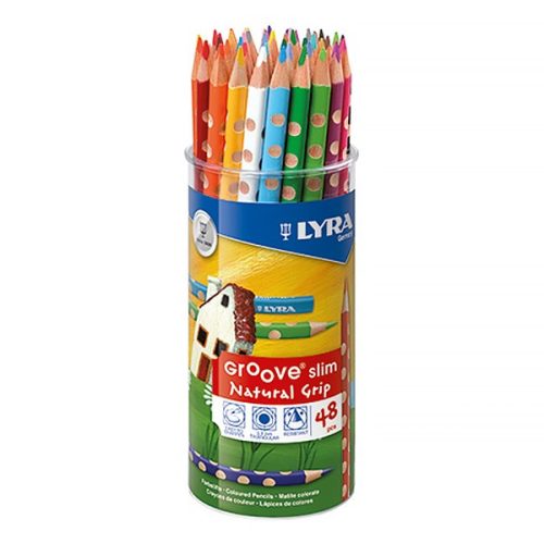 Színes ceruza LYRA Groove Slim háromszögletű vékony műanyag pohárban 48 darabos