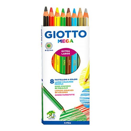 Színes ceruza GIOTTO Mega hatszögletű extra vastag 8 darabos (6 alapszín+arany+ezüst)