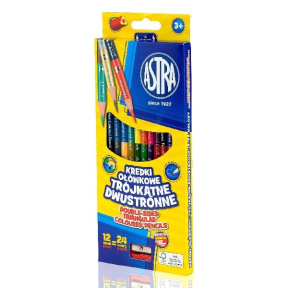 Színes ceruza ASTRA Duo háromszögletű kétvégű ajándék hegyezővel 24 színű