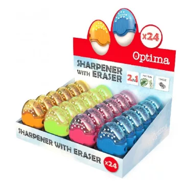   Hegyező és radír display OPTIMA 1 lyukú tartályos műanyag 24 darabos