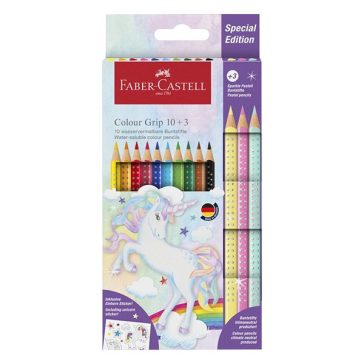   Színes ceruza FABER-CASTELL Grip Unikornis matricával 10 darabos + 3 darab Sparkle pasztell színes ceruzával