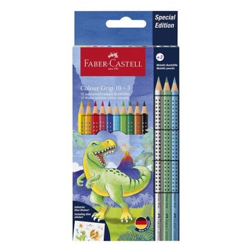   Színes ceruza FABER-CASTELL Grip Dinoszaurusz matricával 10 darabos + 3 darab metál színes ceruzával
