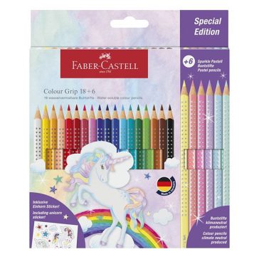   Színes ceruza FABER-CASTELL Grip Unikornis matricával 18 darabos + 6 darab Sparkle pasztell színes ceruzával