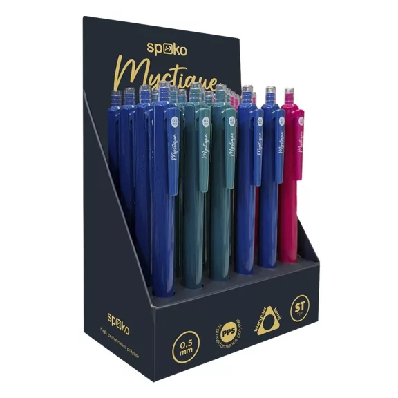 Zseléstoll SPOKO Mystique nyomógombos 0,5 mm kék írásszín vegyes színben Zseléstoll SPOKO Mystique nyomógombos 0,5 mm kék írásszín vegyes színben