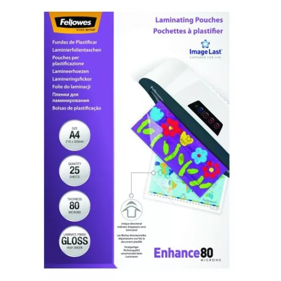 Lamináló fólia FELLOWES A/4 80 mikron fényes 25/csom Lamináló fólia FELLOWES A/4 80 mikron fényes 25/csom