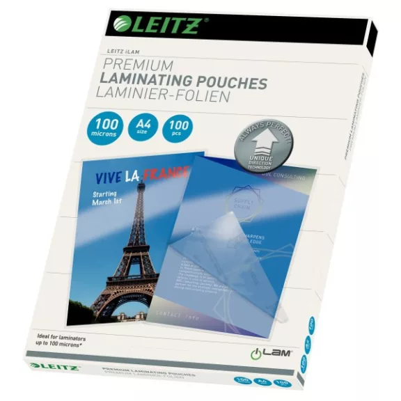 Lamináló fólia LEITZ A/4 100 mikron fényes 100 lapos Lamináló fólia LEITZ A/4 100 mikron fényes 100 lapos