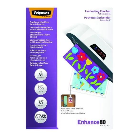 Lamináló fólia FELLOWES A/4 80 mikron fényes öntapadó 100/csom Lamináló fólia FELLOWES A/4 80 mikron fényes öntapadó 100/csom