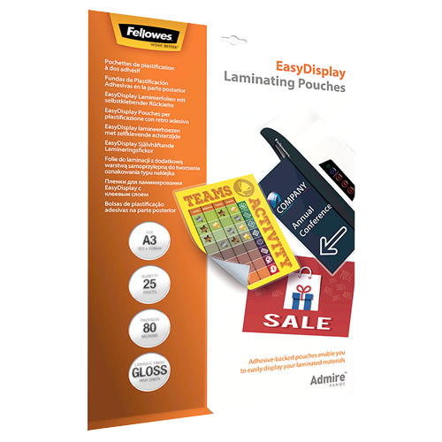 Lamináló fólia FELLOWES A/3 Admire Easy Display 80 mikron fényes öntapadó 25 darabos