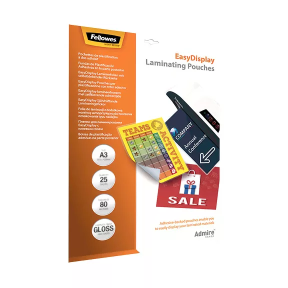 Lamináló fólia FELLOWES A/3 Admire Easy Display 80 mikron fényes öntapadó 25 darabos Lamináló fólia FELLOWES A/3 Admire Easy Display 80 mikron fényes öntapadó 25 darabos