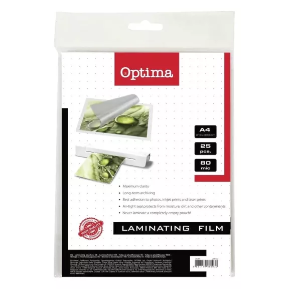 Lamináló fólia OPTIMA A/4 80 mikron fényes 25/csom Lamináló fólia OPTIMA A/4 80 mikron fényes 25/csom