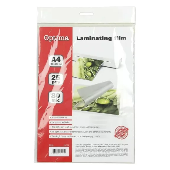 Lamináló fólia OPTIMA A/4 80 mikron fényes 25/csom Lamináló fólia OPTIMA A/4 80 mikron fényes 25/csom