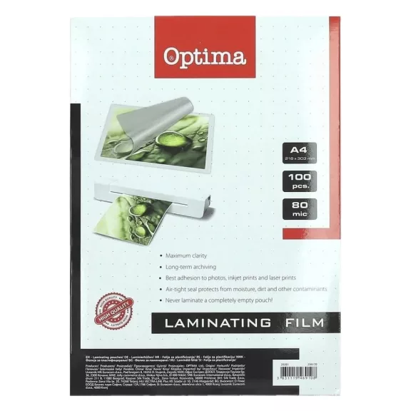 Lamináló fólia OPTIMA A/4 80 mikron fényes 100/csom Lamináló fólia OPTIMA A/4 80 mikron fényes 100/csom