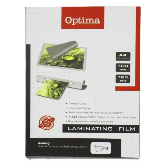 Lamináló fólia OPTIMA A/4 125 mikron fényes 100/csom Lamináló fólia OPTIMA A/4 125 mikron fényes 100/csom