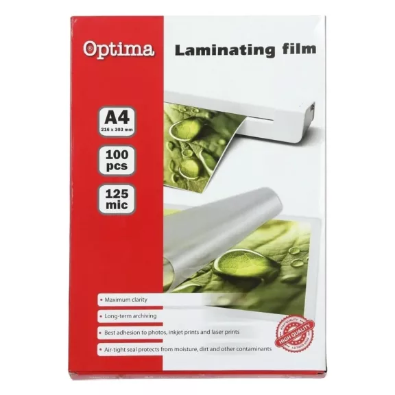 Lamináló fólia OPTIMA A/4 125 mikron fényes 100/csom Lamináló fólia OPTIMA A/4 125 mikron fényes 100/csom