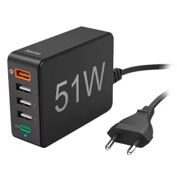   Hálózati adapter HAMA 1xQC 3.0 + 3xUSB-A + 1xUSB-C 51W fekete