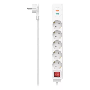   Kábel hosszabbító HAMA 5 aljzat + USB-C/USB-A 1,4m kapcsolóval fehér