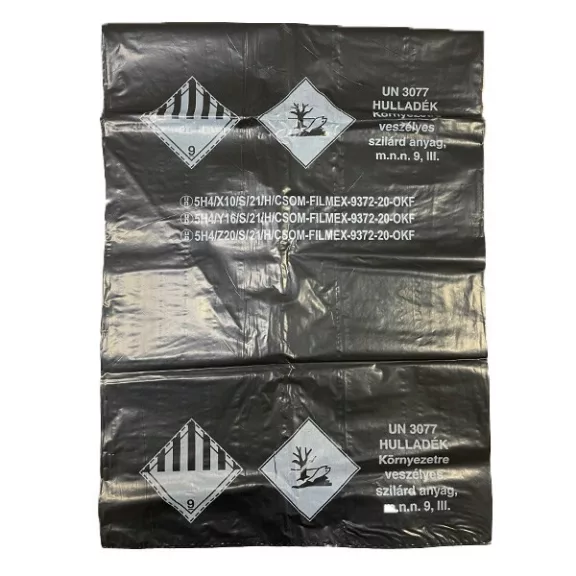 Minősített ADR hulladék gyűjtőzsák újrahasznosított PE barcas 95x125 cm 60mc fekete Minősített ADR hulladék gyűjtőzsák újrahasznosított PE barcas 95x125 cm 60mc fekete