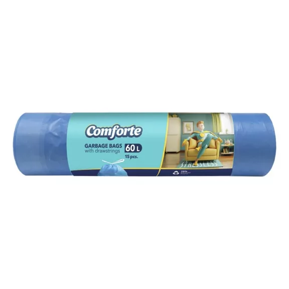 Szemeteszsák COMFORTE 60L kék zárószalagos 15 mikronos 15 darabos Szemeteszsák COMFORTE 60L kék zárószalagos 15 mikronos 15 darabos