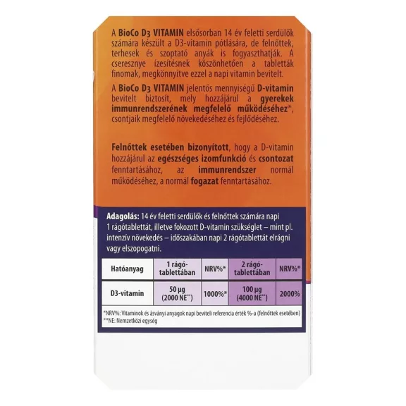 Vitamin BIOCO D3 2000 NE cseresznye ízű rágótabletta 90 darab Vitamin BIOCO D3 2000 NE cseresznye ízű rágótabletta 90 darab
