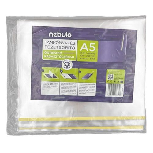 Tankönyvborító NEBULO A/5 öntapadós csíkkal víztiszta 65mic 47x26 cm 10 darabos