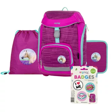   Iskolatáska szett OXY SHERPY 4 részes Pink tolltartóval, tornazsákkal és cserélhető matricával