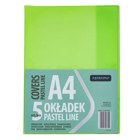 Füzetborító ASTRA PAP A/4 bújtatós pvc neon pasztell színek 5 db/csomag
