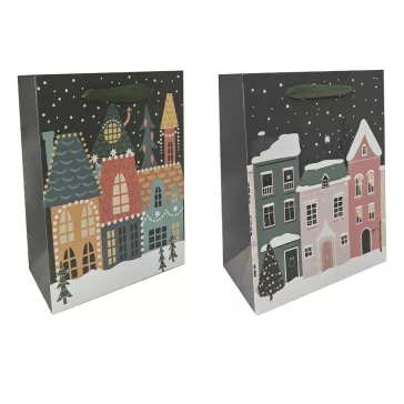   Karácsonyi dísztasak CREATIVE Deluxe plus M 18x23x10 cm színes matt UV lakkos karácsonyi város szalagfüles