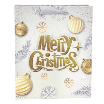   Karácsonyi dísztasak CREATIVE Simple S 23,5x19,5x8 cm feliratos 3D glitteres szalagfüles