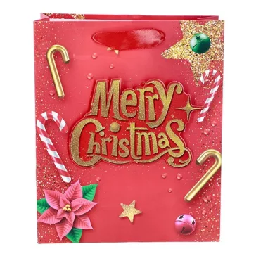   Karácsonyi dísztasak CREATIVE Simple S 23,5x19,5x8 cm feliratos 3D glitteres szalagfüles