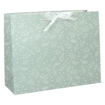   Karácsonyi dísztasak CREATIVE Deluxe Plus XL 45x33x10 cm fekvő fagyöngy matt világoszöld sodort füles masnival