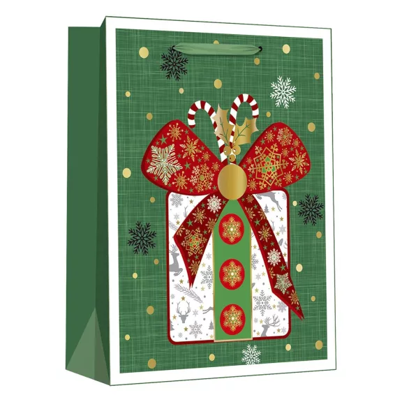 Karácsonyi dísztasak CREATIVE Deluxe Plus L 30x42x12 cm ünnepi mintás matt fóliás sodort füles