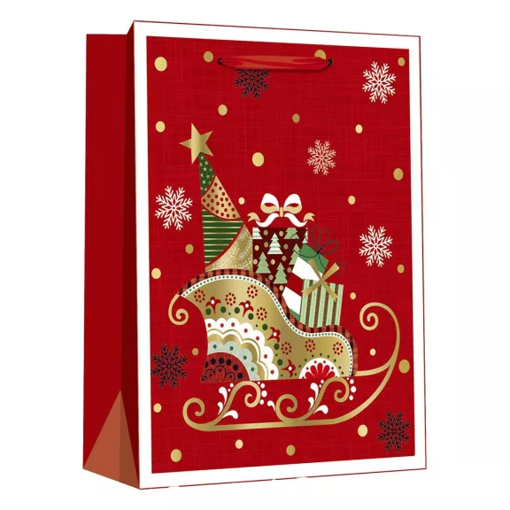 Karácsonyi dísztasak CREATIVE Deluxe Plus L 30x42x12 cm ünnepi mintás matt fóliás sodort füles