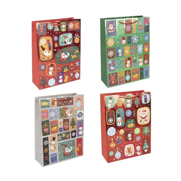 Karácsonyi dísztasak CREATIVE Deluxe Plus L 30x42x12 cm ünnepi mintás matt fóliás sodort füles