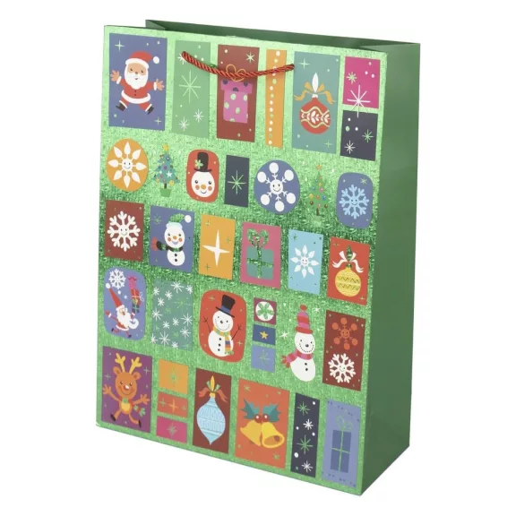 Karácsonyi dísztasak CREATIVE Deluxe Plus L 30x42x12 cm ünnepi mintás matt fóliás sodort füles