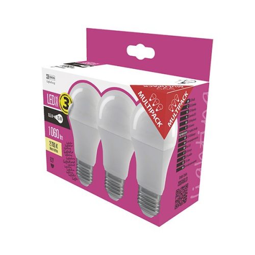 LED izzó EMOS E27 9,5W meleg fény 2700K 3 darabos
