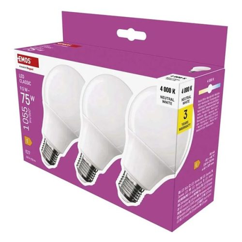 LED izzó EMOS E27 9,5W természetes fény 4000K A60 3 darabos