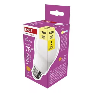 LED izzó EMOS E27 9,5W meleg fény 2700K