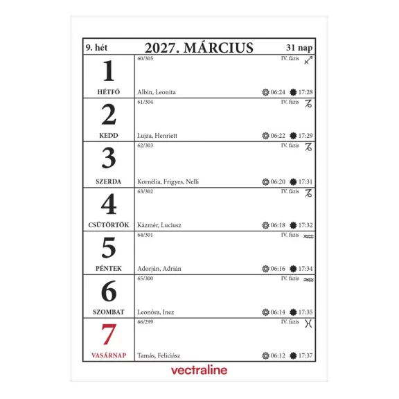 Asztali naptár VECTRALINE BA21 álló fehér lapos holdfázissal 2027.