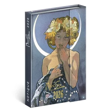   Határidőnapló mágnessel záródó REALSYSTEM 110x160mm heti sárga lapos Alphonse Mucha 2026.