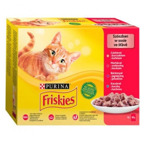 Állateledel alutasakos PURINA Friskies macskáknak csirke-marha-bárány-kacsa 12x85 g