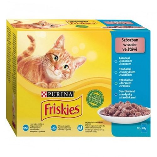 Állateledel alutasakos PURINA Friskies macskáknak lazac-tonhal-tőkehal-szardínia 12x85 g