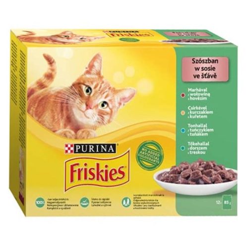 Állateledel alutasakos PURINA Friskies macskáknak marha-csirke-tonhal-tőkehal 12x85 g