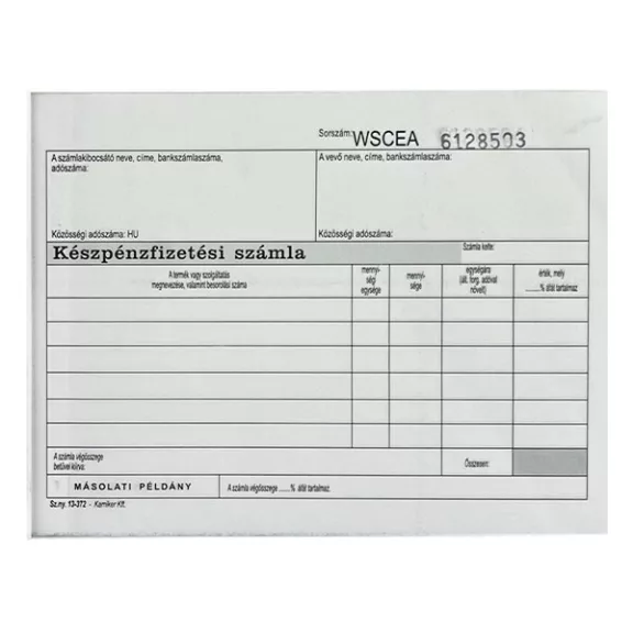 Nyomtatvány készpénzfizetési számla VECTRALINE A/5 fekvő 50x3 lapos 1 áfás