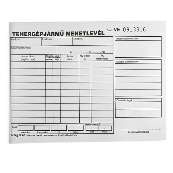 Nyomtatvány tehergépkocsi menetlevél VECTRALINE A/5 fekvő 100 lapos